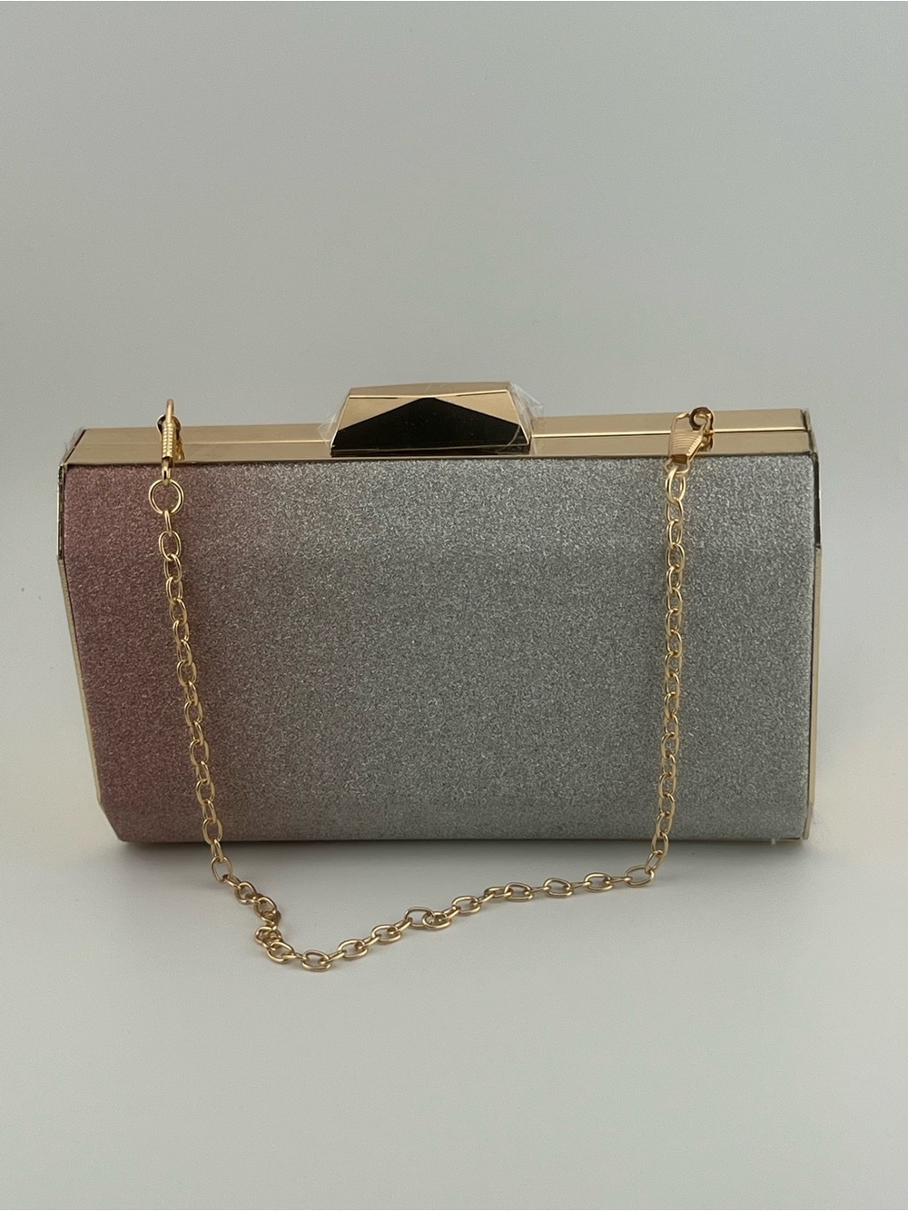 Two-Tone Glitter Evening Clutch with Gold Chain - Silver & Rose